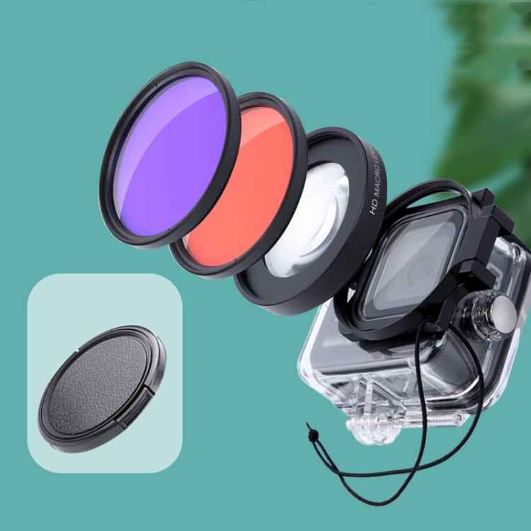 RUIGPRO for GoPro HERO8 58mm 16X Macro Lens + Red/Purple Diving Lens  Filter + Dive Housing Waterproof Case Kits with Filter Adapter Ring & Lens Cap
