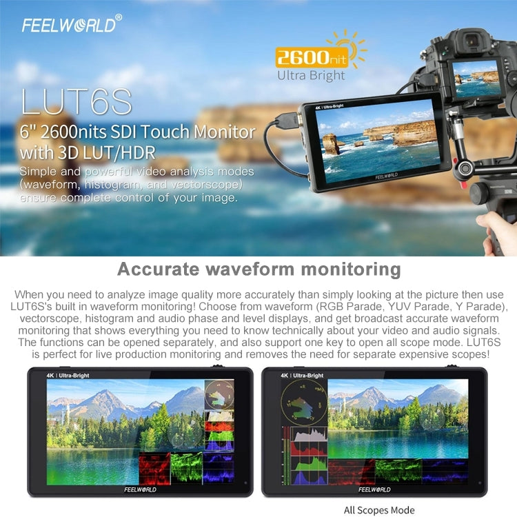 FEELWORLD LUT6S 1920x1080 2600 nits 6 inch IPS Screen HDMI 4K Touch Screen SDI HDI Camera Field Monitor