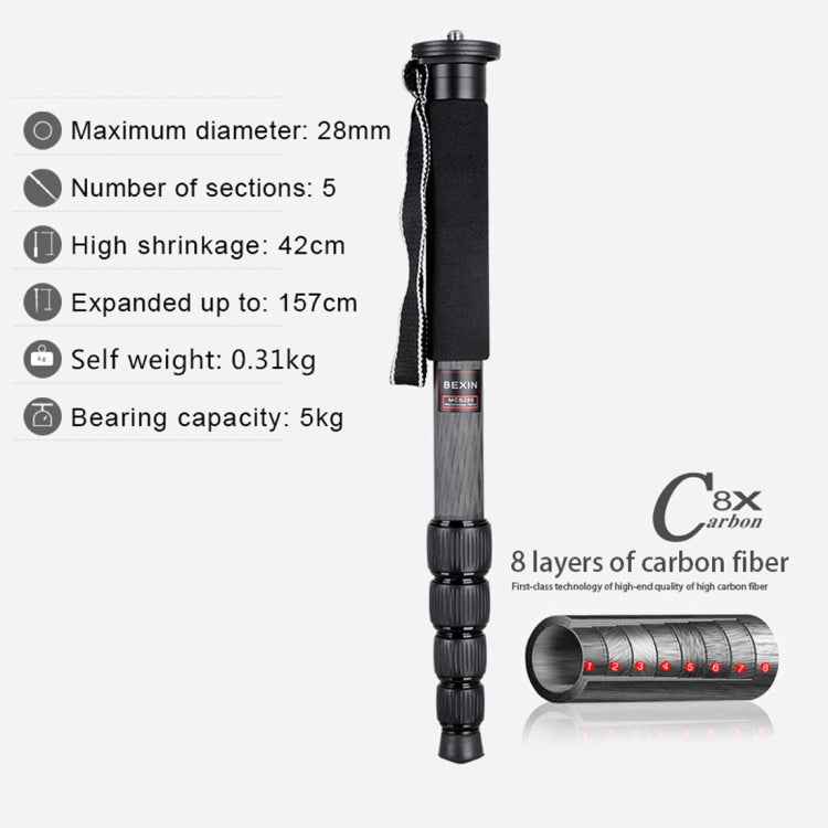 BEXIN MCS285 Portable Travel Outdoor DSLR Camera Carbon Fiber Monopod Holder