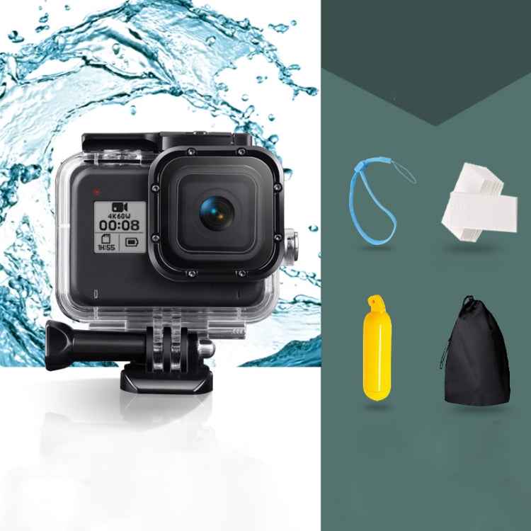 For GoPro HERO8 Black 45m Waterproof Housing Protective Case with Buckle Basic Mount & Screw & Floating Bobber Grip & Strap & Anti-Fog Inserts