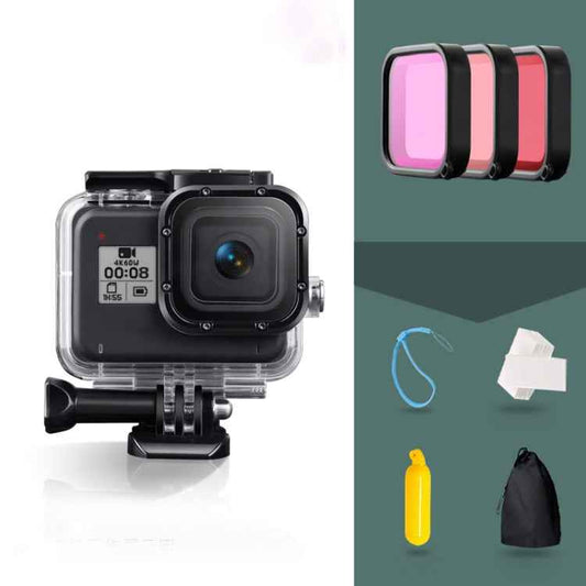 For GoPro HERO8 Black 45m Waterproof Housing Protective Case with Buckle Basic Mount & Screw & (Purple, Red, Pink) Filters & Floating Bobber Grip & Strap & Anti-Fog Inserts