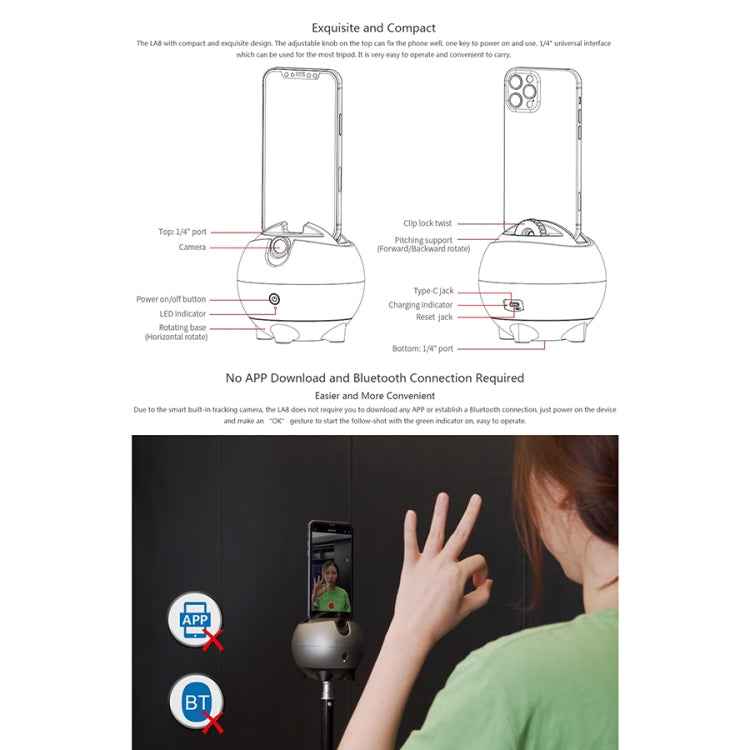 LAIZESKE LA8 Smart Robot Cameraman 360 Degree Auto Tracking Phone Holder