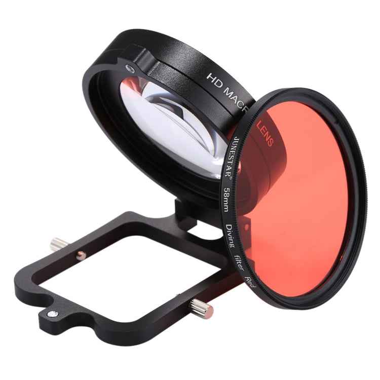 JSR 58mm 16X Macro Lens + Red Diving Lens Filter with Lens Cover + Lens Filter Ring Adapter + String + Cleaning Cloth for GoPro HERO6 /5 Dive Housing
