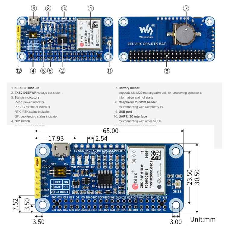 Waveshare ZED-F9P GPS-RTK HAT Centimeter Level Accuracy Multi-Band RTK Differential GPS Module for Raspberry Pi