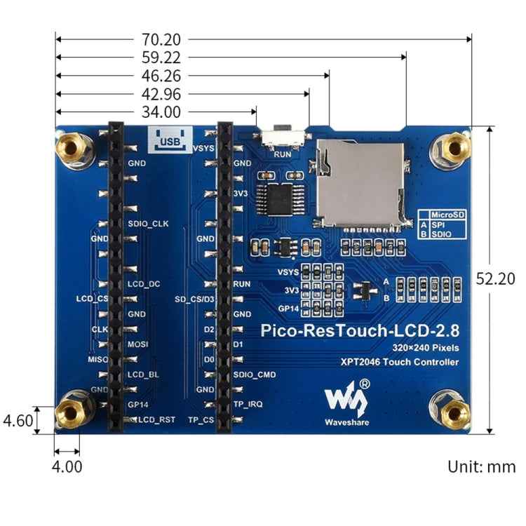 WAVESHARE 2.8 inch 262K Colors 320 x 240 Pixel Touch Display Module for Raspberry Pi Pico, SPI Interface