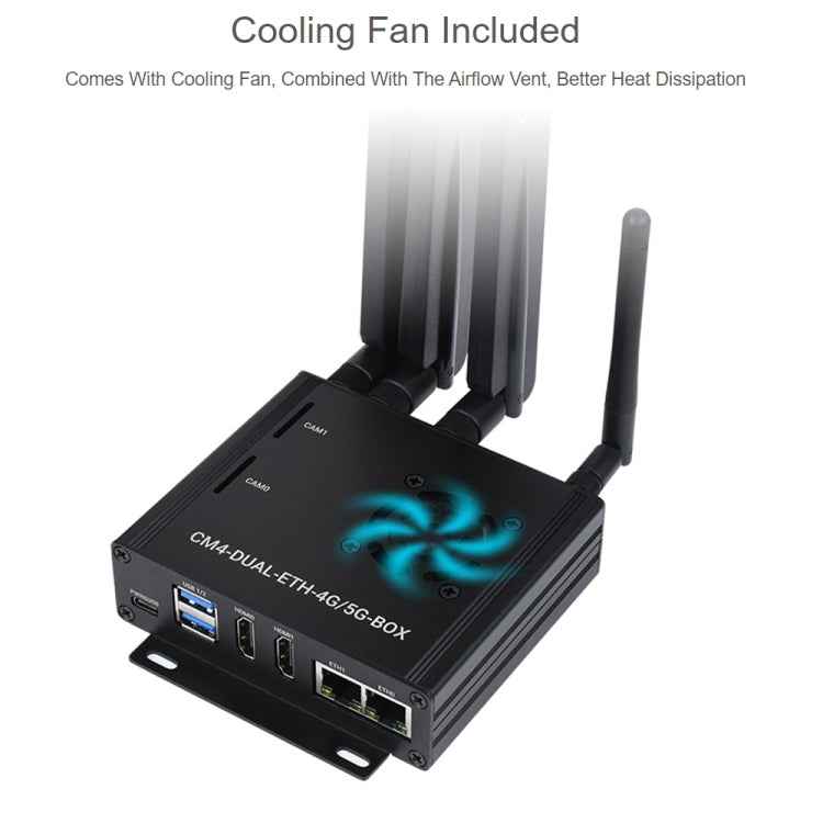 Waveshare Dual Gigabit Ethernet 5G/4G Computer Box with Cooling Fan for Raspberry Pi CM4