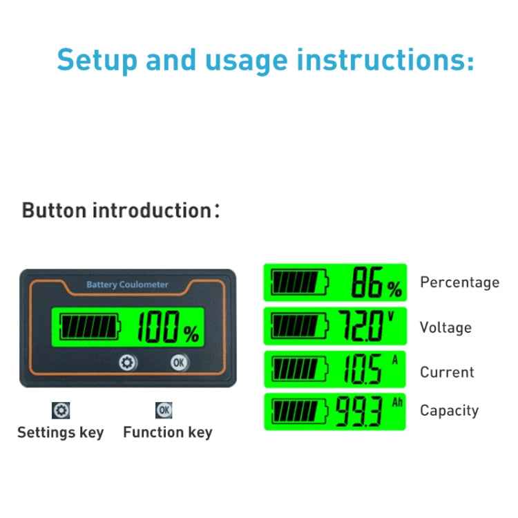 2m 50A 12V 48V Digital Display DC Current Voltmeter Lead-Acid Lithium Battery Charge Meter