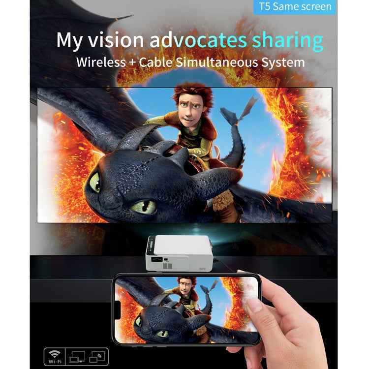 T5 100ANSI Lumens 1024x600 Resolution LED+LCD Technology Smart Projector, Support HDMI / SD Card / 2 x USB / Audio 3.5mm, Same Screen Version