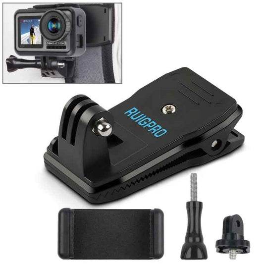 RUIGPRO 360 Degree Rotation Backpack Rec-Mounts Clip Clamp Mount + Phone Clamp for GoPro, Insta360, DJI and Other Action Cameras