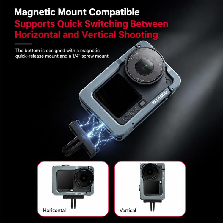 For DJI Osmo Action 6 YELANGU Metal Camera Cage with Handle Grip & Dual-Opening, LWAC6-2