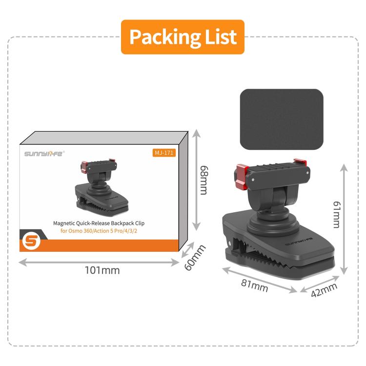 Sunnylife Magnetic Quick-Release Backpack Clip Action Camera Clamp Vertical-Horizontal Mount for DJI Osmo 360 / Action 5 Pro / 4 / 3 / 2