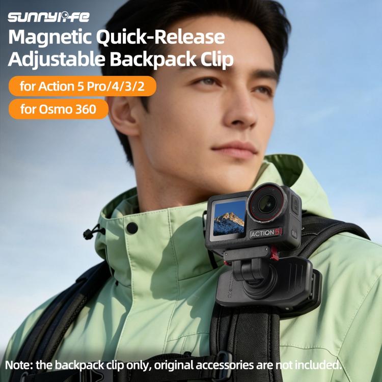 Sunnylife Magnetic Quick-Release Backpack Clip Action Camera Clamp Vertical-Horizontal Mount for DJI Osmo 360 / Action 5 Pro / 4 / 3 / 2