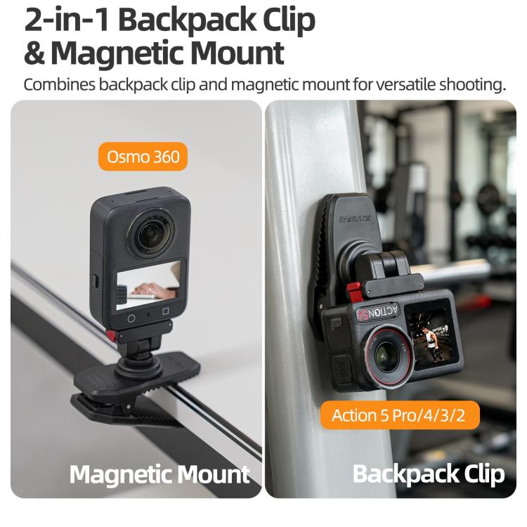 Sunnylife Magnetic Quick-Release Backpack Clip Action Camera Clamp Vertical-Horizontal Mount for DJI Osmo 360 / Action 5 Pro / 4 / 3 / 2