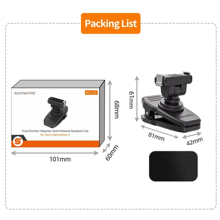 Sunnylife Magnetic Quick-Release Backpack Clip Adjustable Action Camera Clamp Vertical-Horizontal Mount for DJI Osmo Nano / Action 6, MJ-172 For DJI Osmo Nano / Action 6