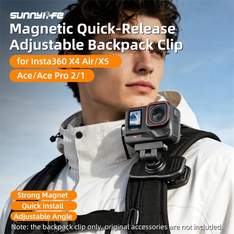 Sunnylife Magnetic Quick-Release Backpack Clip Action Camera Clamp Vertical-Horizontal Mount for Insta360 X4 Air / X5 / Ace / Ace Pro 2 / 1, For Insta360 X4 Air / X5 / Ace / Ace Pro 2 / 1
