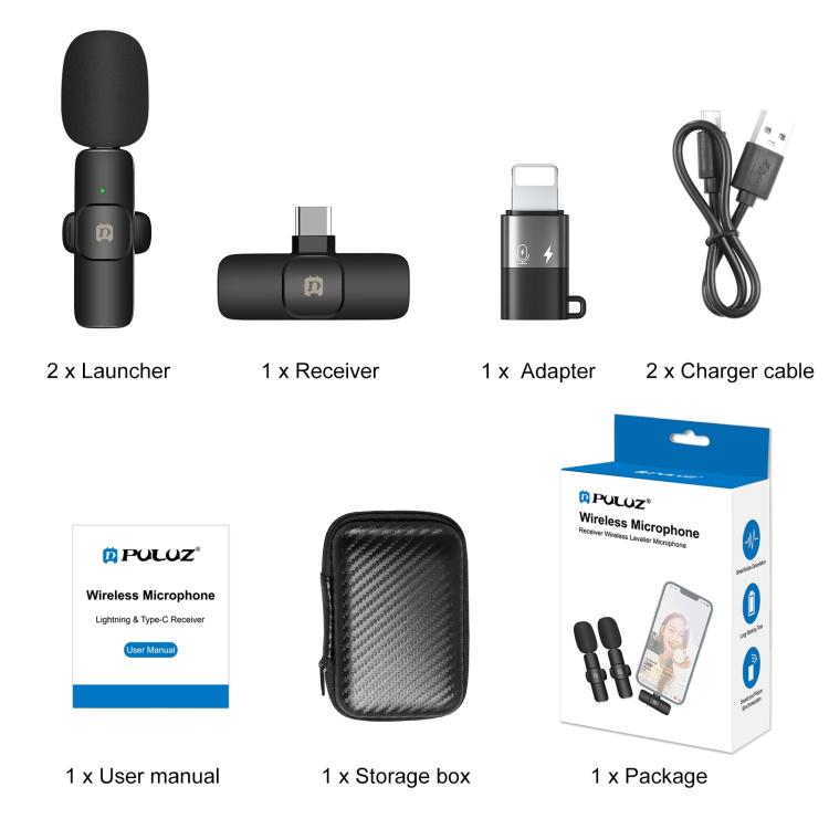 PULUZ Wireless Lavalier Noise Reduction Reverb Microphones for Type-C Phone, Type-C Receiver and Dual Microphones, with OTG Adapter