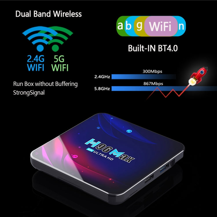 H96 Max V11 4K Smart TV BOX Android 11.0 Media Player with Remote Control, RK3318 Quad-Core 64bit Cortex-A53, RAM: 2GB, ROM: 16GB, Support Dual Band WiFi, Bluetooth, Ethernet, EU Plug