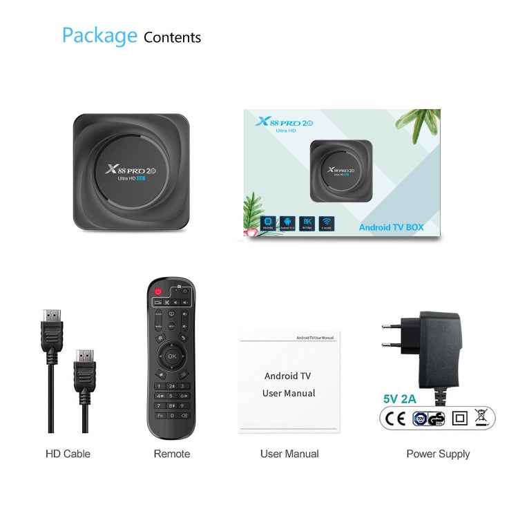 X88 Pro 20 4K Smart TV BOX Android 11.0 Media Player with Infrared Remote Control, RK3566 Quad Core 64bit Cortex-A55 up to 1.8GHz, RAM: 8GB, ROM: 64GB, Support Dual Band WiFi, Bluetooth, Ethernet, EU Plug