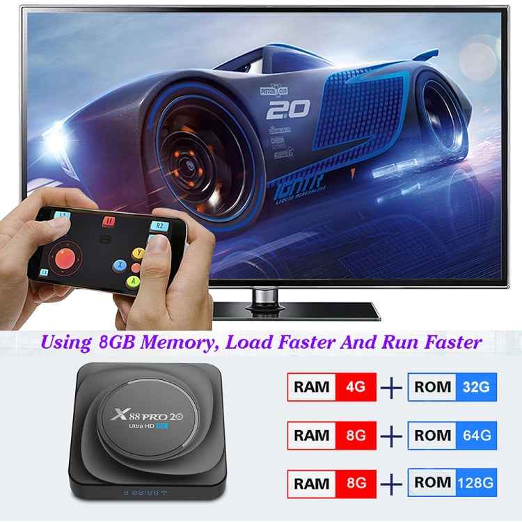 X88 Pro 20 4K Smart TV BOX Android 11.0 Media Player with Infrared Remote Control, RK3566 Quad Core 64bit Cortex-A55 up to 1.8GHz, RAM: 8GB, ROM: 64GB, Support Dual Band WiFi, Bluetooth, Ethernet, EU Plug