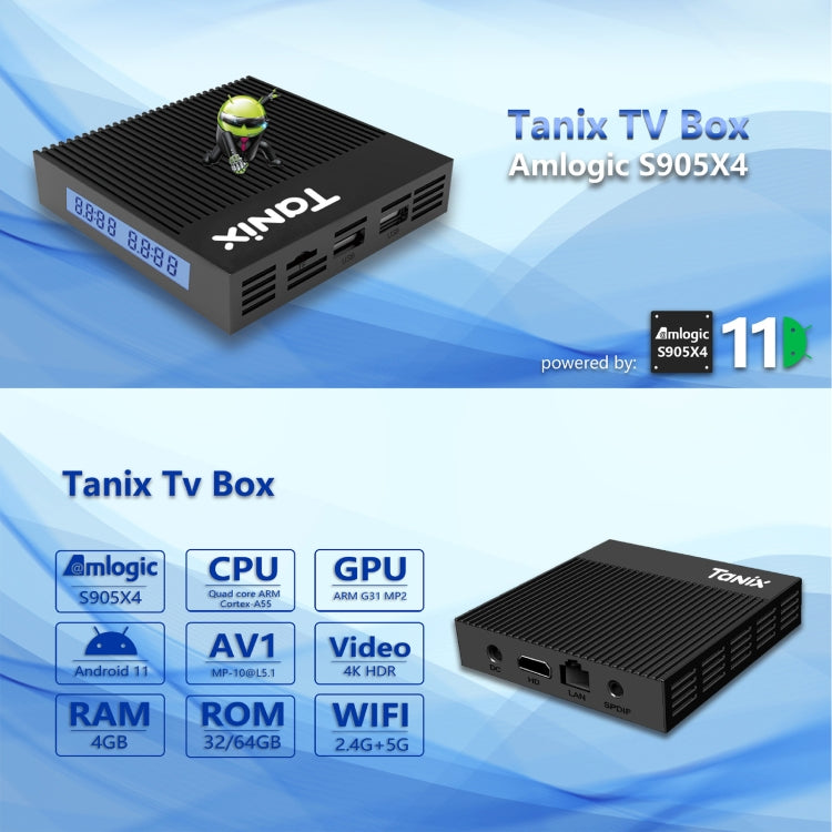 Boîtier TV intelligent Tanix X4 Android 11, Amlogic S905X4 Quad Core, 4 Go + 32 Go, double Wi-Fi, Bluetooth, 4 Go + 32 Go