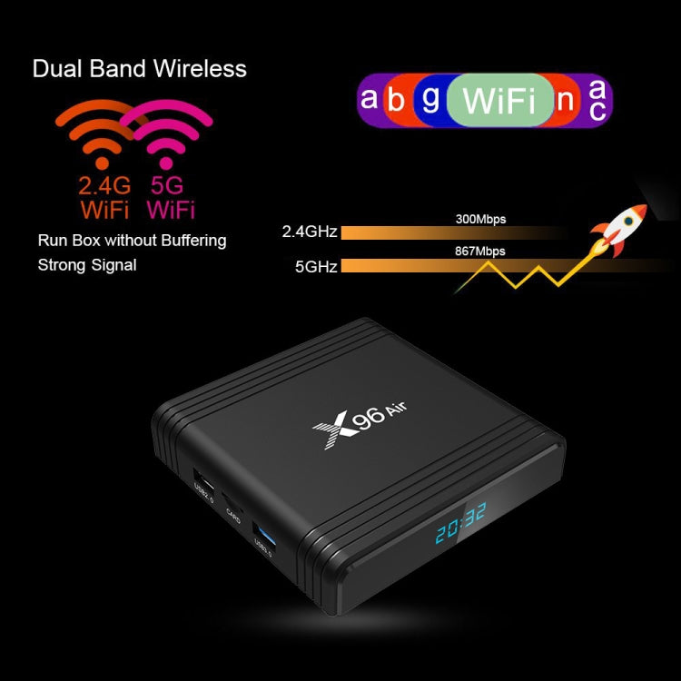 X96 Air 8K Smart TV BOX Android 9.0 Media Player with Remote Control, Quad-core Amlogic S905X3, RAM: 4GB, ROM: 32GB, Dual Band WiFi, Bluetooth, AU Plug