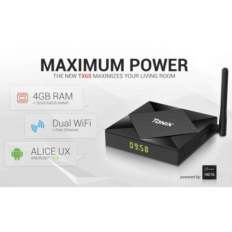 TANIX TX6s 4K Smart TV BOX Android 10 Media Player wtih Remote Control, Quad Core Allwinner H616, RAM: 4GB, ROM: 64GB, 2.4GHz/5GHz WiFi, Bluetooth, AU Plug