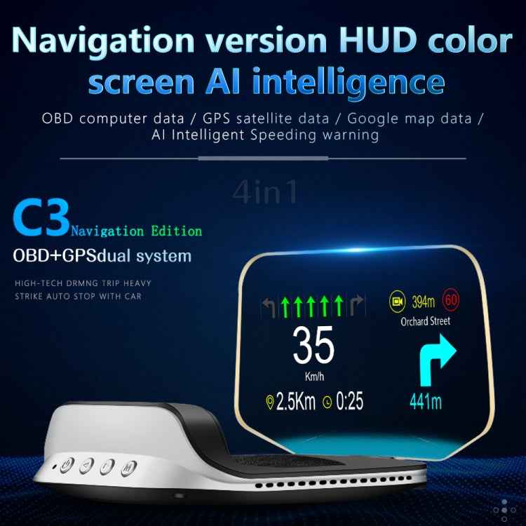 C3 OBD2 + GPS Mode Car Head-up Display HUD Overspeed / Speed / Water Temperature Too High / Voltage Too Low / Engine Failure Alarm / Fatigue Driving Reminder / Navigation Function
