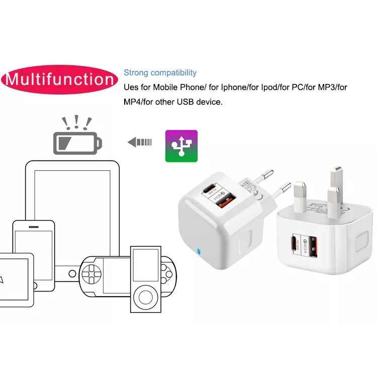 20W PD + QC 3.0 Dual Ports Travel Charger Power Adapter,, US Plug, EU Plug, UK Plug