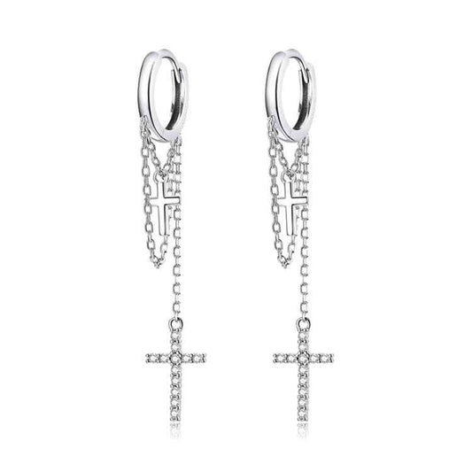 S925 Sterling Silver Long Tassel Shining Cross Women Earrings