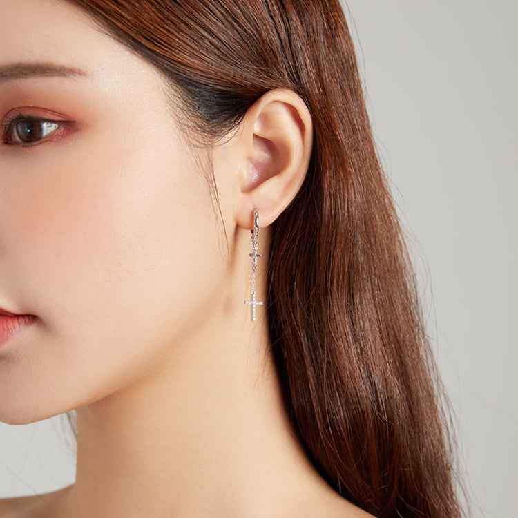 S925 Sterling Silver Long Tassel Shining Cross Women Earrings