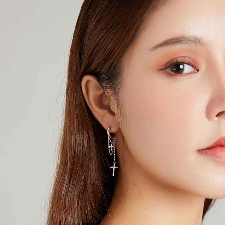 S925 Sterling Silver Long Tassel Shining Cross Women Earrings