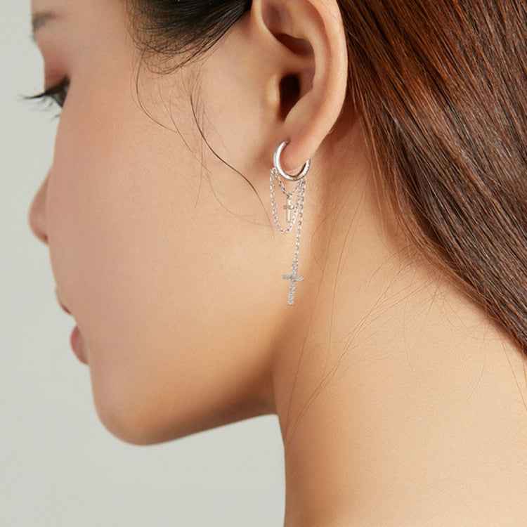S925 Sterling Silver Long Tassel Shining Cross Women Earrings