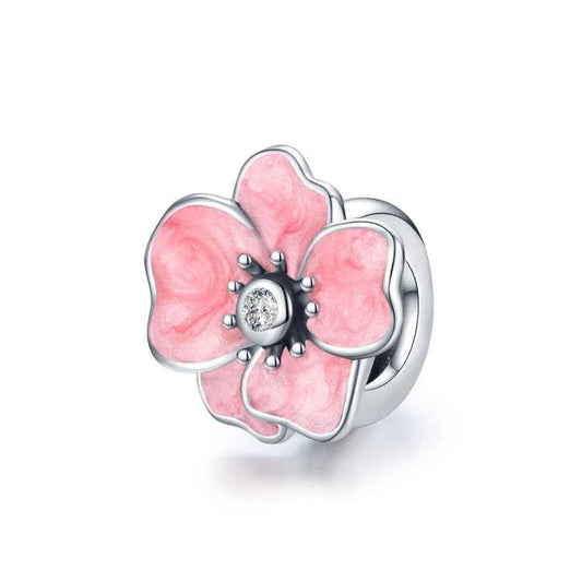 S925 Sterling Silver Pink Flower Beads DIY Bracelet Necklace Accessories