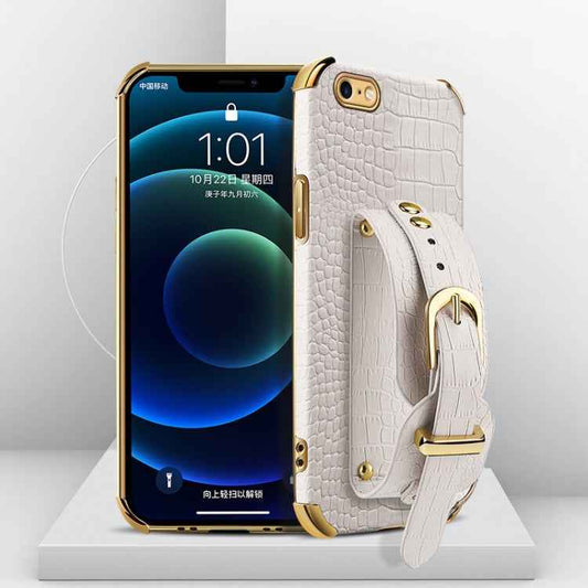 Electroplated TPU Crocodile Pattern Leather Case with Wrist Strap, For iPhone 6, For iPhone SE 2022 / SE 2020 / 8 / 7, For iPhone 8 Plus / 7 Plus, For iPhone XS / X, For iPhone XR, For iPhone XS Max, For iPhone 11, For iPhone 11 Pro, For iPhone 11 Pro Max