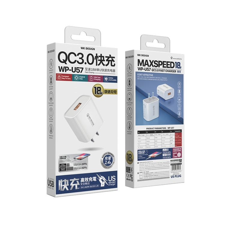 WK WP-U57 Max 18W Maxspeed QC3.0 Fast Charger + USB to 8 Pin Data Cable, US Plug