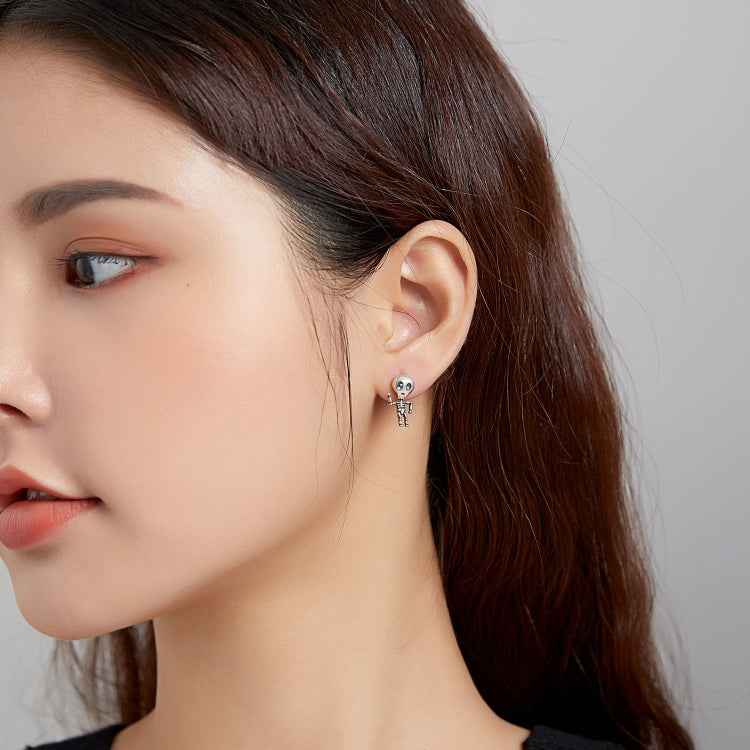 S925 Sterling Silver Cool Skeleton Man Ear Studs Women Earrings