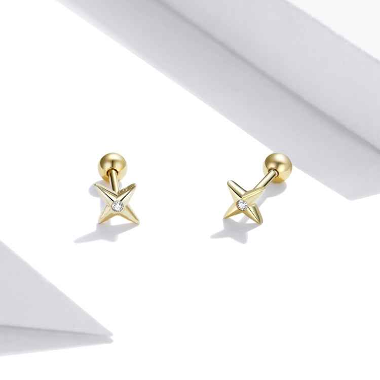 S925 Sterling Silver Golden Stars Ear Studs Women Earrings