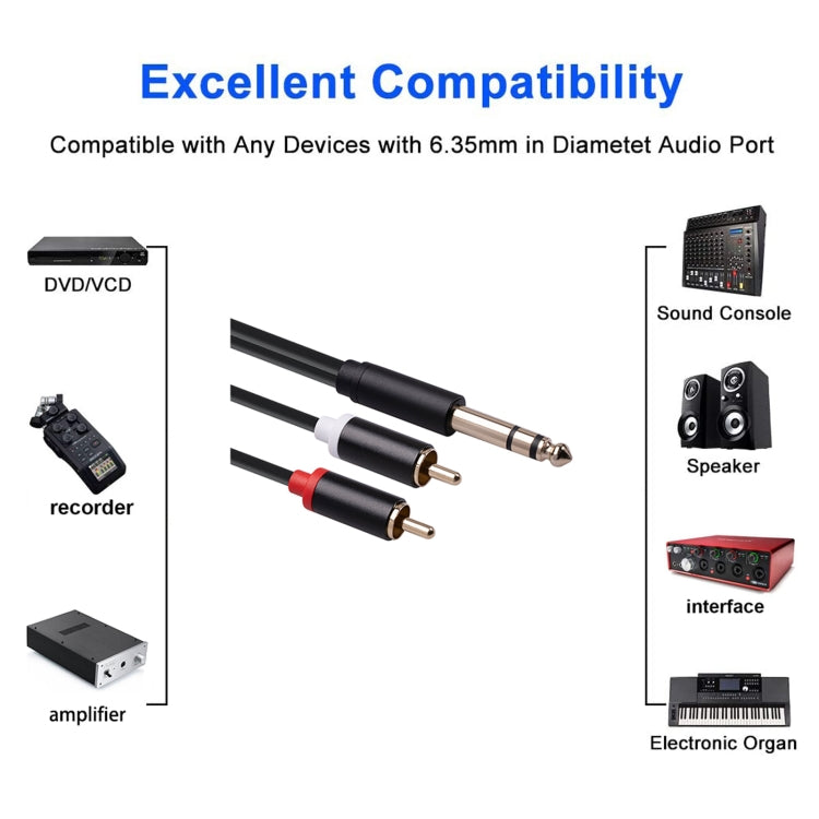 3685 6.35mm Male to Double RCA Male Stereo Audio Cable, 1.5m, 3m, 5m