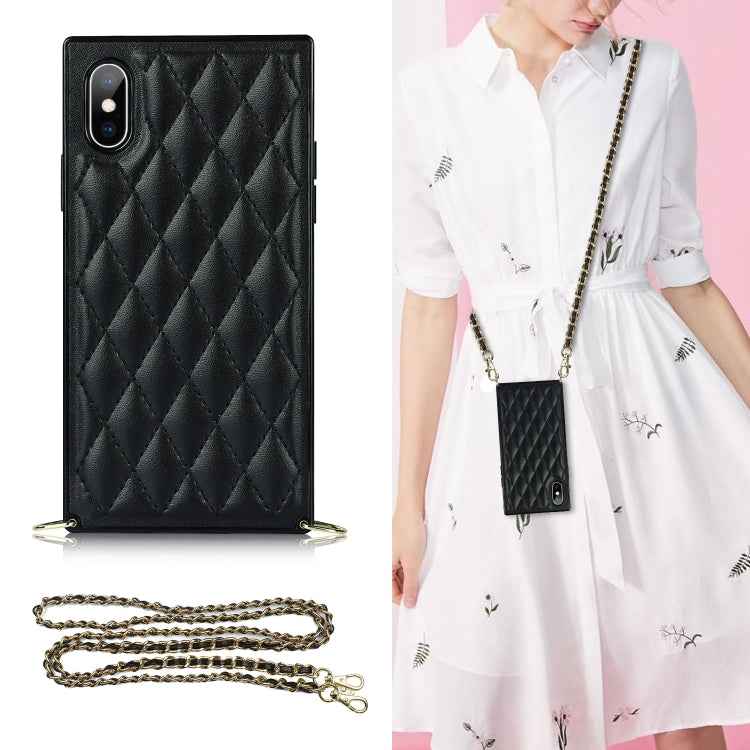 Elegant Rhombic Pattern Microfiber Leather +TPU Shockproof Case with Crossbody Strap Chain, For iPhone SE 2022 / SE 2020 / 8 / 7, For iPhone 8 Plus / 7 Plus, For iPhone X / XS, For iPhone XR, For iPhone XS Max, For iPhone 11, For iPhone 11 Pro         ...