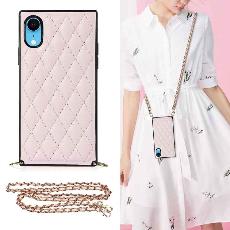 Elegant Rhombic Pattern Microfiber Leather +TPU Shockproof Case with Crossbody Strap Chain, For iPhone SE 2022 / SE 2020 / 8 / 7, For iPhone 8 Plus / 7 Plus, For iPhone X / XS, For iPhone XR, For iPhone XS Max, For iPhone 11, For iPhone 11 Pro         ...