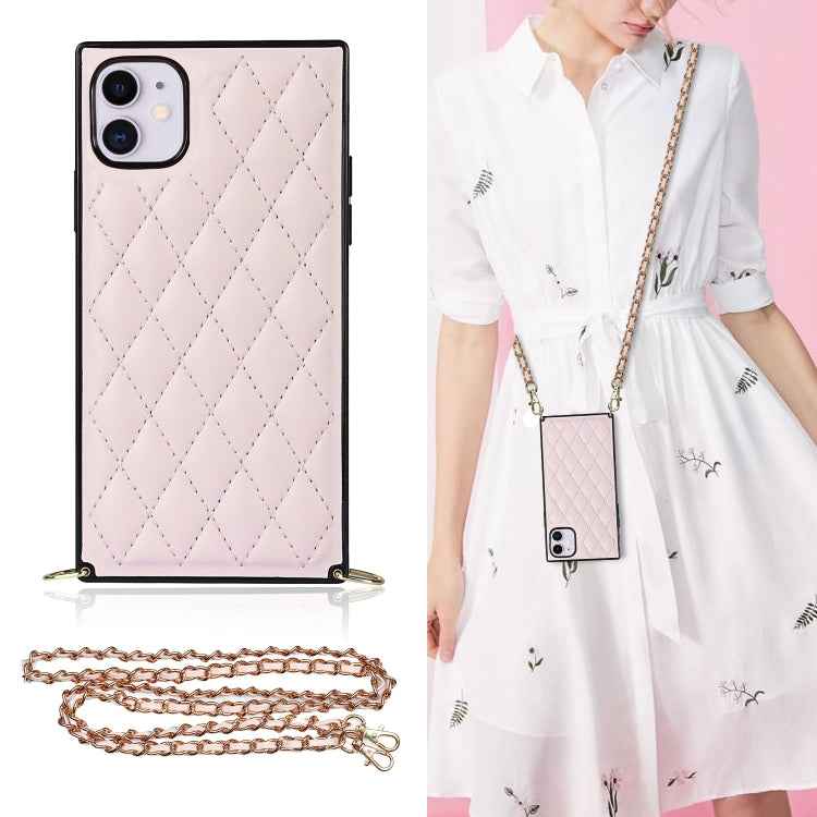 Elegant Rhombic Pattern Microfiber Leather +TPU Shockproof Case with Crossbody Strap Chain, For iPhone SE 2022 / SE 2020 / 8 / 7, For iPhone 8 Plus / 7 Plus, For iPhone X / XS, For iPhone XR, For iPhone XS Max, For iPhone 11, For iPhone 11 Pro         ...
