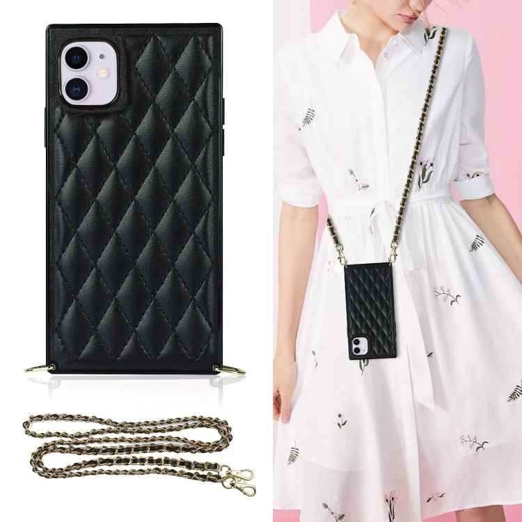 Elegant Rhombic Pattern Microfiber Leather +TPU Shockproof Case with Crossbody Strap Chain, For iPhone SE 2022 / SE 2020 / 8 / 7, For iPhone 8 Plus / 7 Plus, For iPhone X / XS, For iPhone XR, For iPhone XS Max, For iPhone 11, For iPhone 11 Pro         ...