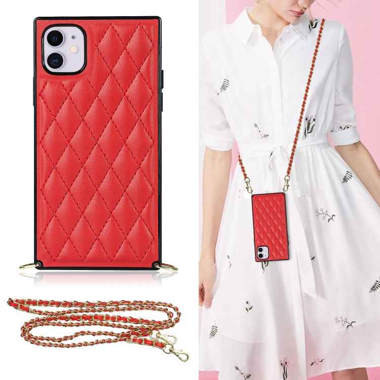 Elegant Rhombic Pattern Microfiber Leather +TPU Shockproof Case with Crossbody Strap Chain, For iPhone SE 2022 / SE 2020 / 8 / 7, For iPhone 8 Plus / 7 Plus, For iPhone X / XS, For iPhone XR, For iPhone XS Max, For iPhone 11, For iPhone 11 Pro         ...