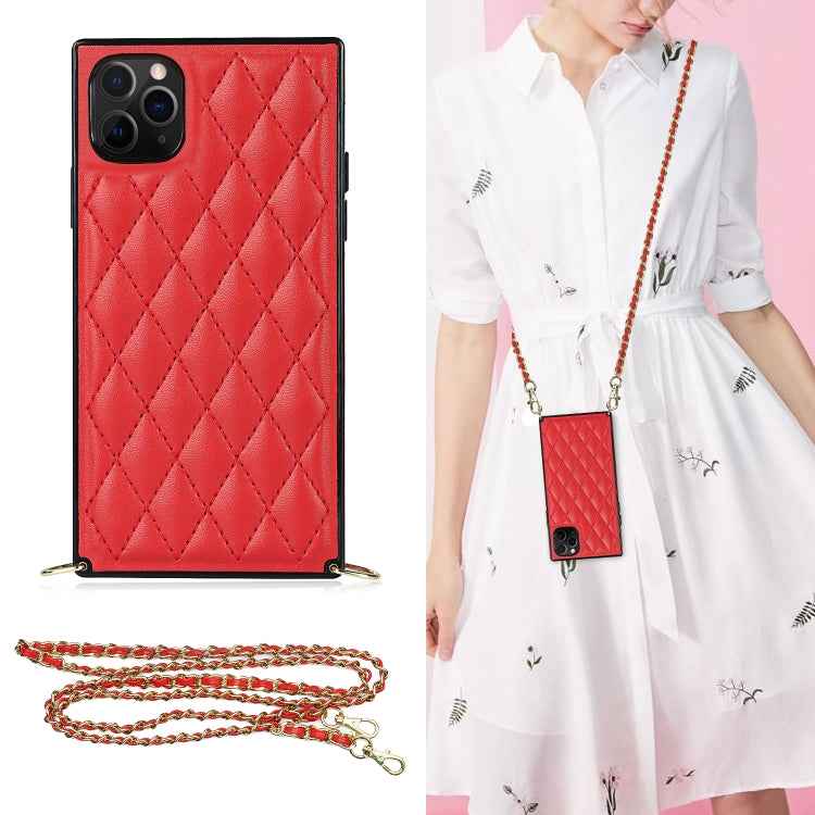 Elegant Rhombic Pattern Microfiber Leather +TPU Shockproof Case with Crossbody Strap Chain, For iPhone SE 2022 / SE 2020 / 8 / 7, For iPhone 8 Plus / 7 Plus, For iPhone X / XS, For iPhone XR, For iPhone XS Max, For iPhone 11, For iPhone 11 Pro         ...