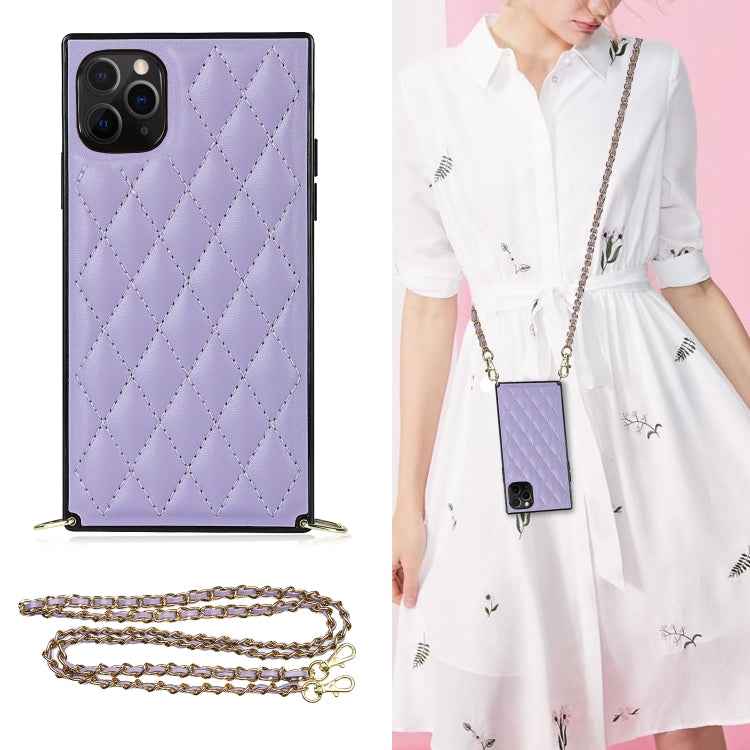 Elegant Rhombic Pattern Microfiber Leather +TPU Shockproof Case with Crossbody Strap Chain, For iPhone SE 2022 / SE 2020 / 8 / 7, For iPhone 8 Plus / 7 Plus, For iPhone X / XS, For iPhone XR, For iPhone XS Max, For iPhone 11, For iPhone 11 Pro         ...