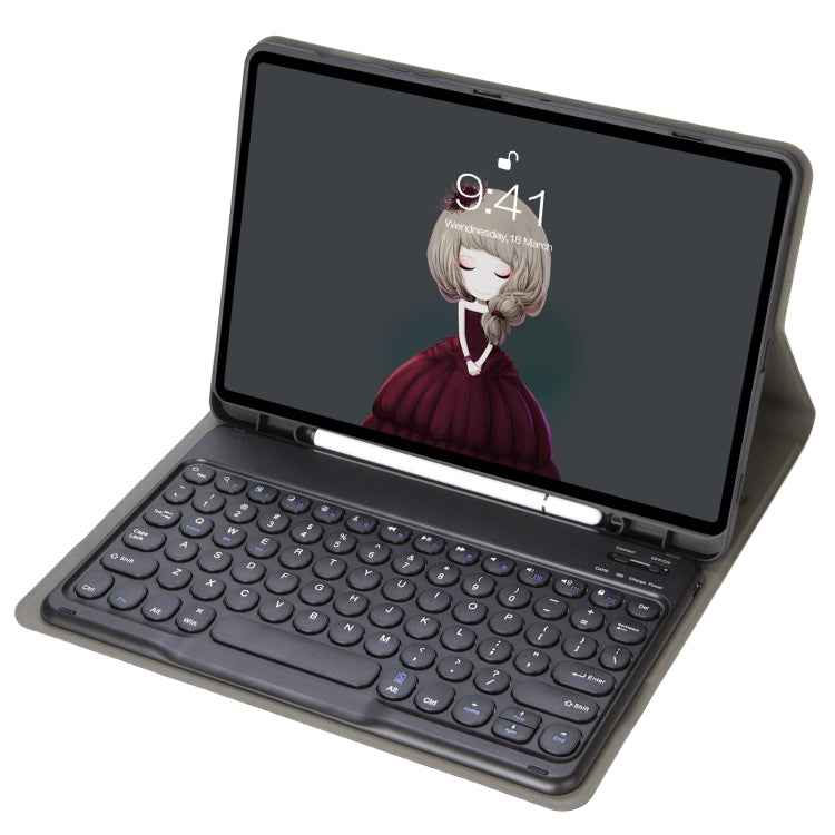 YA11B 2021 Detachable Lambskin Texture Round Keycap Bluetooth Keyboard Leather Case with Pen Slot & Stand, For iPad Pro 11 2021 / Air4 / Air5 / Pro 11