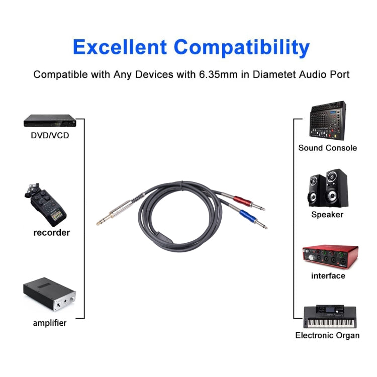 Stereo 6.35mm Male to Dual Mono 6.35mm Audio Cable, 1.8m, 3m, 5m