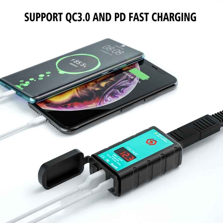 WUPP ZH-1422B1 DC12-24V Motorcycle Square Single USB + PD Fast Charging Charger with Switch + Voltmeter + Integrated SAE Socket