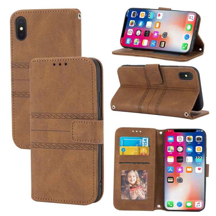 Embossed Striped Magnetic Buckle PU + TPU Horizontal Flip Leather Case with Holder & Card Slot & Wallet & Photo Frame & Sling, For iPhone 11 Pro Max, For iPhone XS / X, For iPhone XS Max, For iPhone XR, For iPhone 8 / 7 / 6                             ...