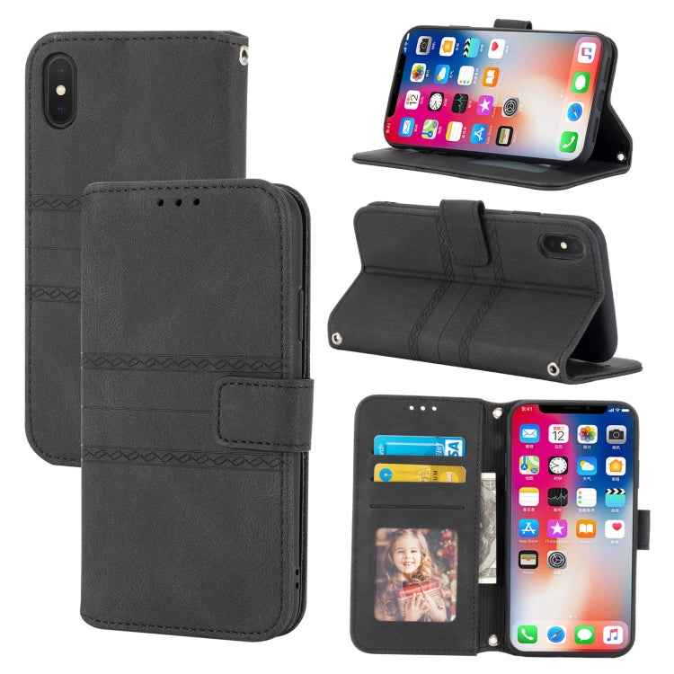 Embossed Striped Magnetic Buckle PU + TPU Horizontal Flip Leather Case with Holder & Card Slot & Wallet & Photo Frame & Sling, For iPhone 11 Pro Max, For iPhone XS / X, For iPhone XS Max, For iPhone XR, For iPhone 8 / 7 / 6                             ...
